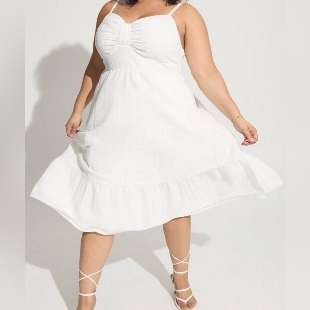 Torrid Midi Poplin Tiered A Line Seersucker Dress White Spaghetti Strap Size 4XL